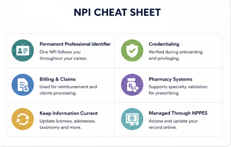 NPI cheat sheet: permanent identifier, credentialing, billing, pharmacy systems, and NPPES