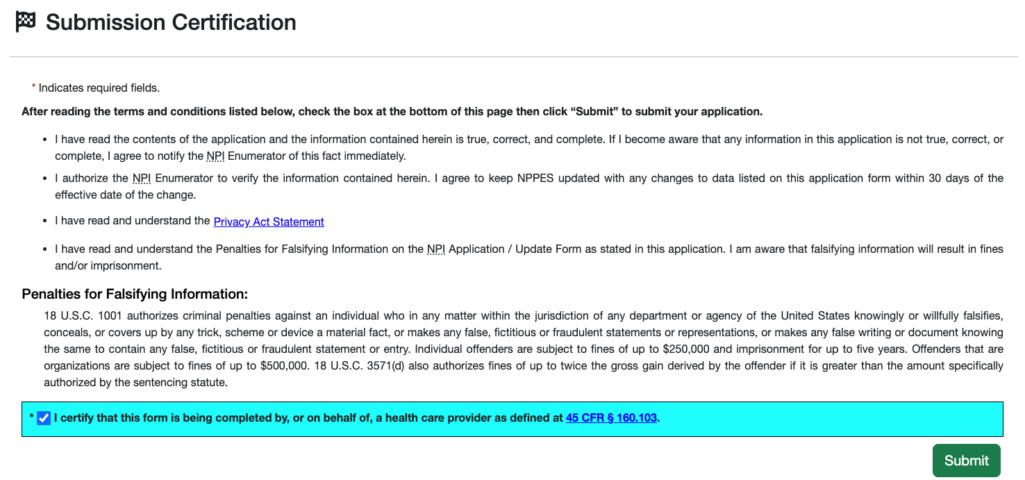 Submission certification — certify and submit your NPI changes